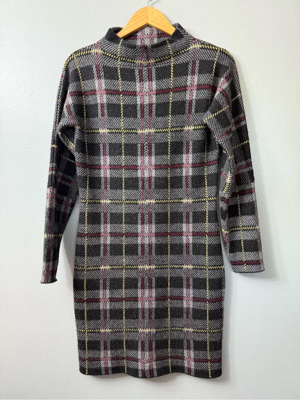Joseph Laure check pattern Mock Neck Wool Dress in Charcoal and Burgundy